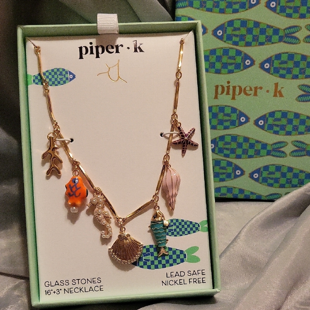 PIper k Gold Sea Charm Necklace Pearl Seahorse Fish Starfish Coral Scallop Shell